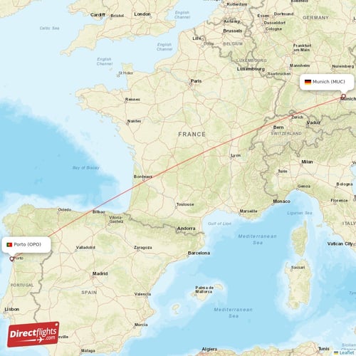 Munich - Porto direct flight map