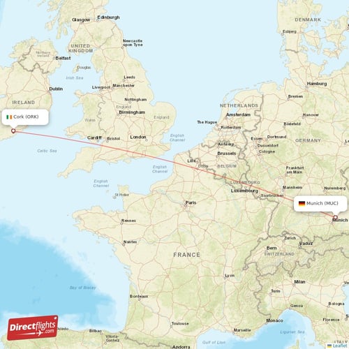 Munich - Cork direct flight map