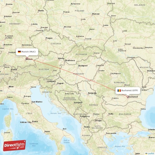 Munich - Bucharest direct flight map