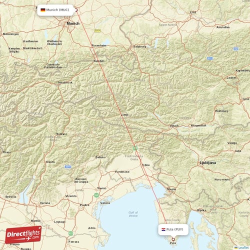 Munich - Pula direct flight map