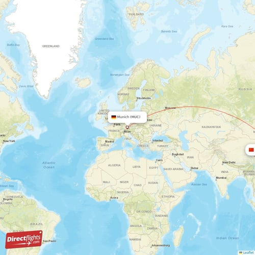 Munich - Shanghai direct flight map