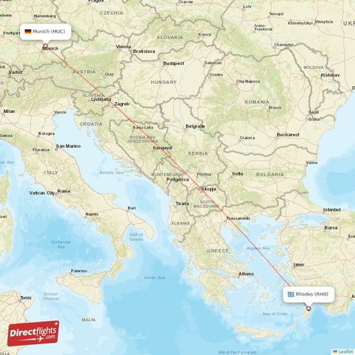 Munich - Rhodes direct flight map
