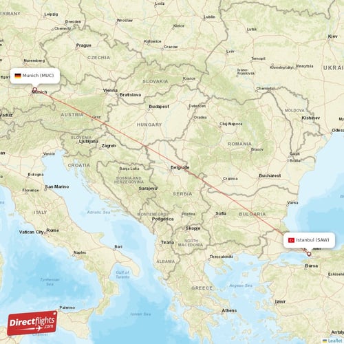 Munich - Istanbul direct flight map