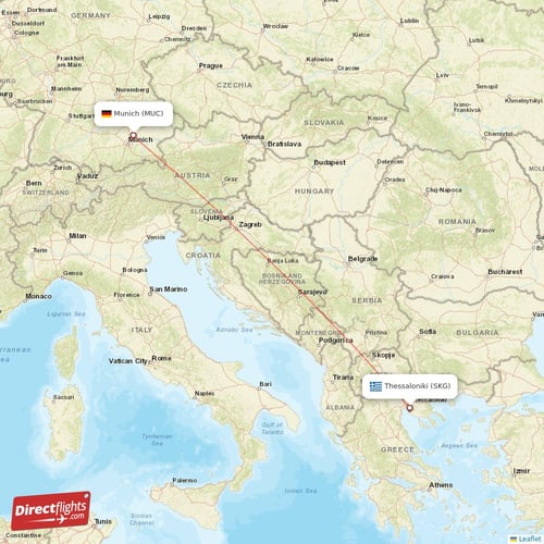 Munich - Thessaloniki direct flight map