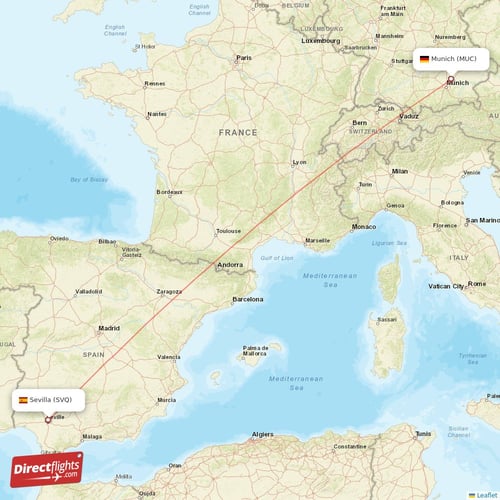 Munich - Sevilla direct flight map