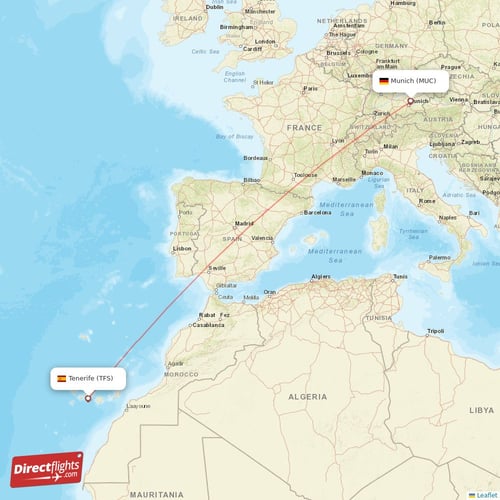 Munich - Tenerife direct flight map