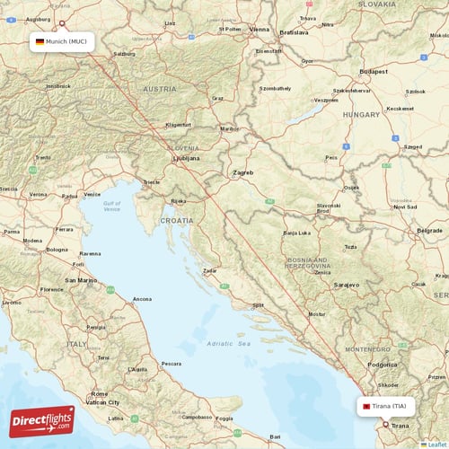 Munich - Tirana direct flight map