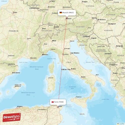 Munich - Tunis direct flight map