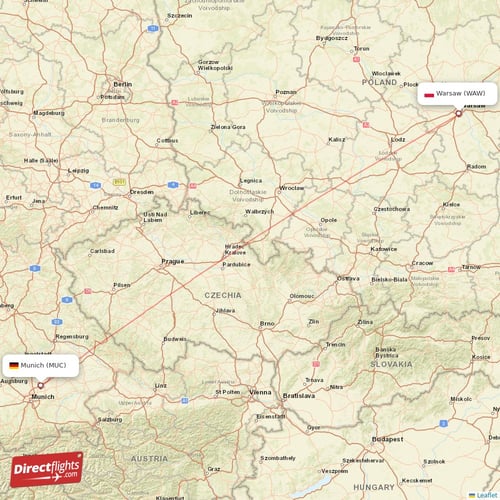 Munich - Warsaw direct flight map
