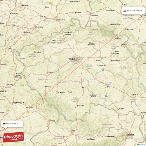 Munich - Wroclaw direct flight map