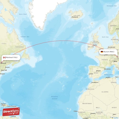 Munich - Montreal direct flight map