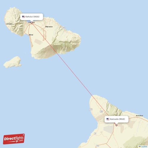 Kamuela - Kahului direct flight map
