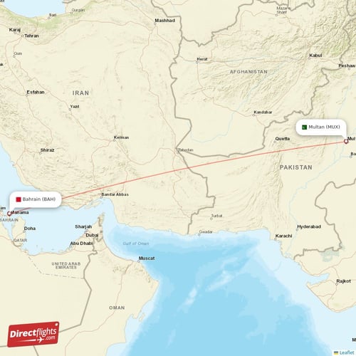Multan - Bahrain direct flight map