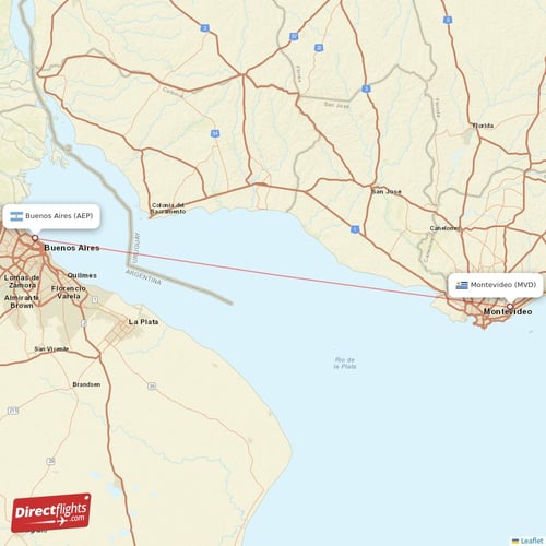 Montevideo - Buenos Aires direct flight map