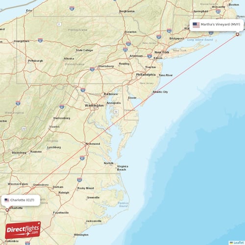 Martha's Vineyard - Charlotte direct flight map
