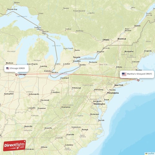 Martha's Vineyard - Chicago direct flight map