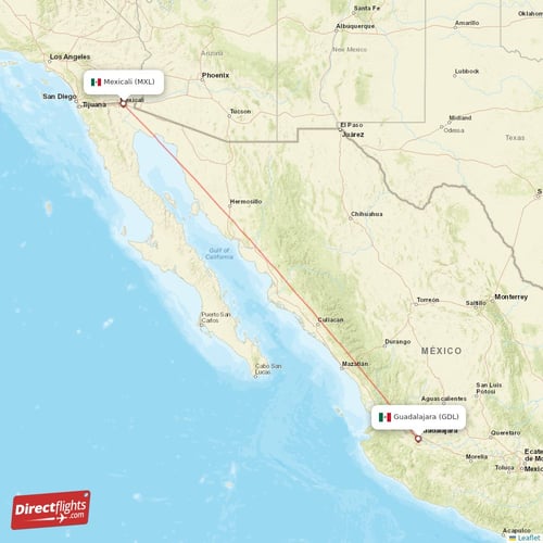 Mexicali - Guadalajara direct flight map