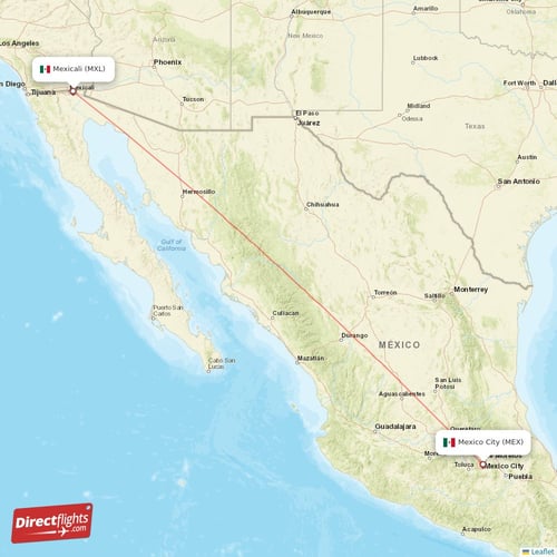 Mexicali - Mexico City direct flight map