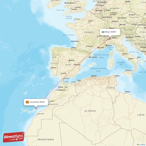 Milan - Lanzarote direct flight map