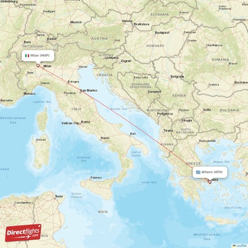 Milan - Athens direct flight map