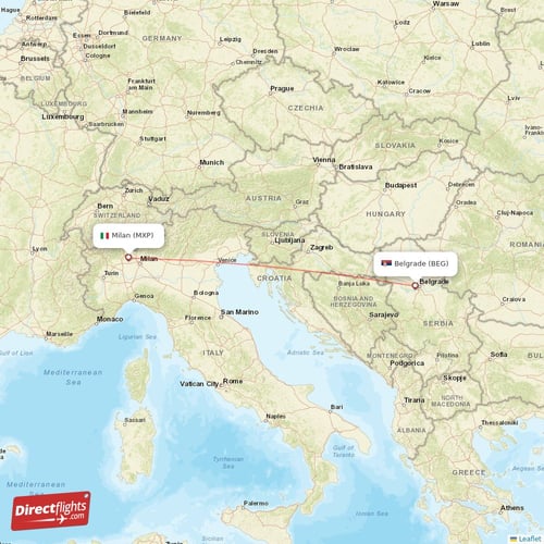 Milan - Belgrade direct flight map