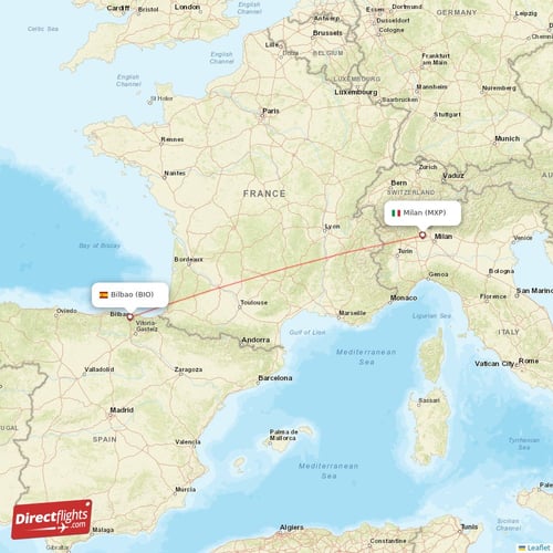 Milan - Bilbao direct flight map