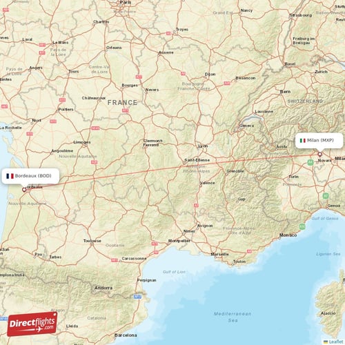 Milan - Bordeaux direct flight map