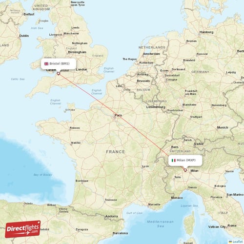 Milan - Bristol direct flight map