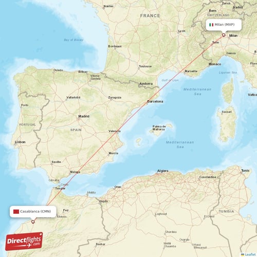 Milan - Casablanca direct flight map