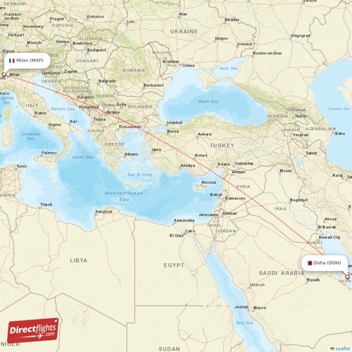 Milan - Doha direct flight map