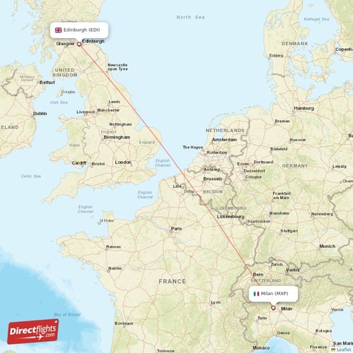 Milan - Edinburgh direct flight map