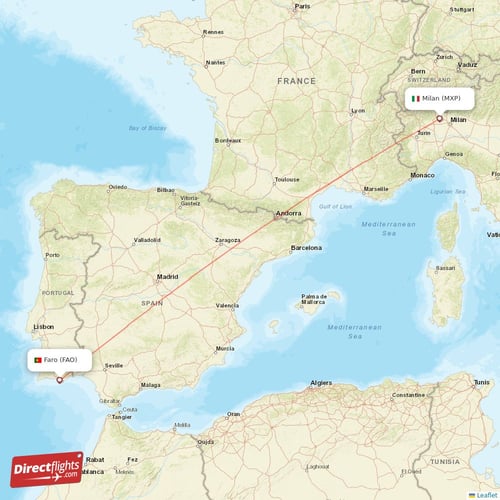 Milan - Faro direct flight map