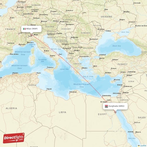 Milan - Hurghada direct flight map