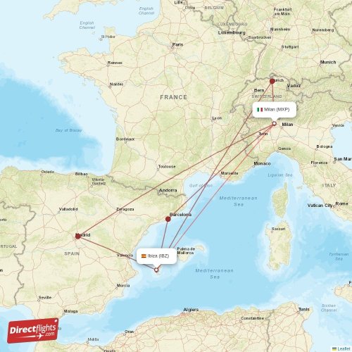 Milan - Ibiza direct flight map