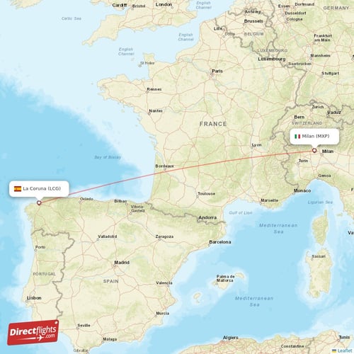 Milan - La Coruna direct flight map
