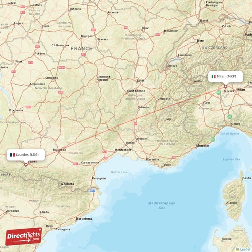 Milan - Lourdes direct flight map