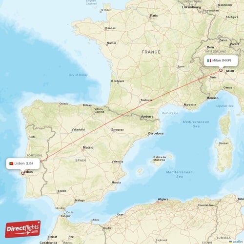 Milan - Lisbon direct flight map