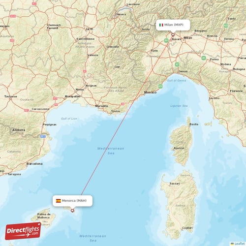 Milan - Menorca direct flight map