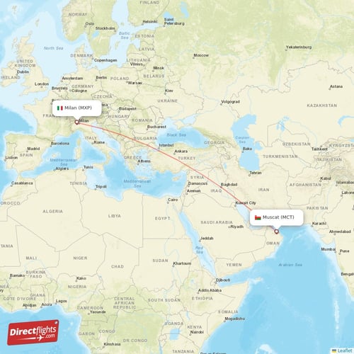 Milan - Muscat direct flight map