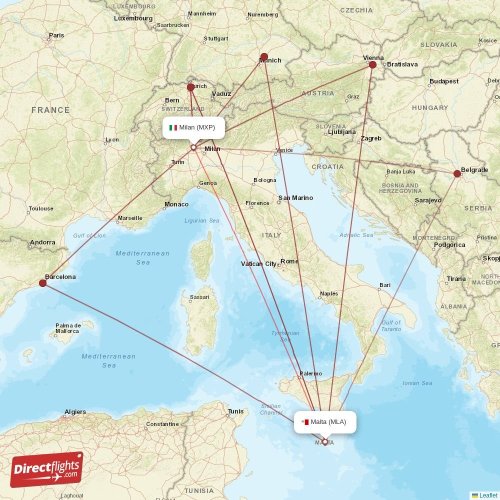 Milan - Malta direct flight map