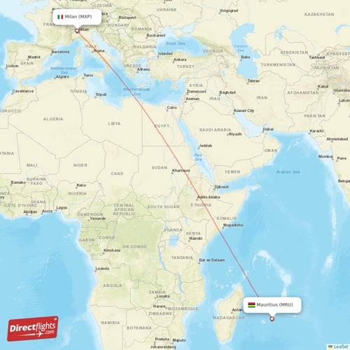 Milan - Mauritius direct flight map