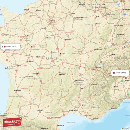 Milan - Nantes direct flight map