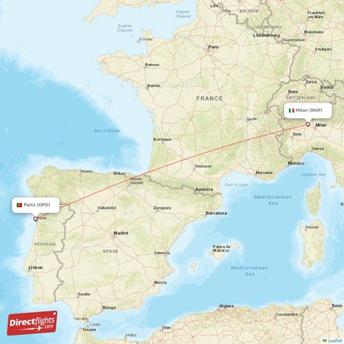 Milan - Porto direct flight map