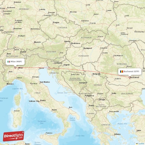 Milan - Bucharest direct flight map