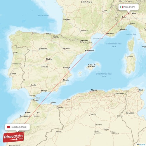 Milan - Marrakech direct flight map