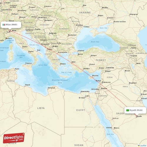 Milan - Riyadh direct flight map