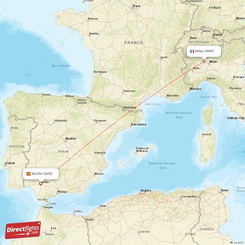 Milan - Sevilla direct flight map