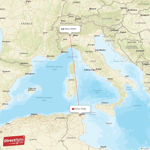 Milan - Tunis direct flight map