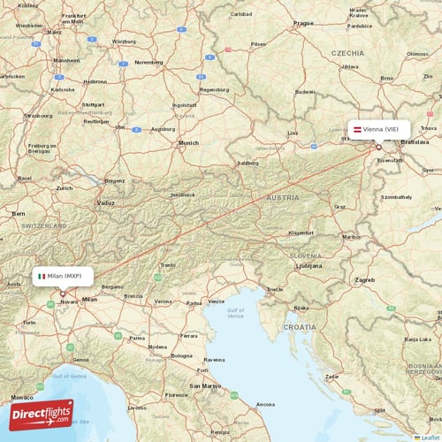 Milan - Vienna direct flight map
