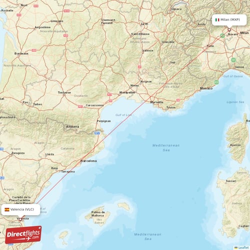 Milan - Valencia direct flight map